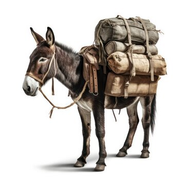 Pack mule isolated on a white background, hardworking and sturdy animal, traditionally used for carrying heavy loads over long distances, generative ai