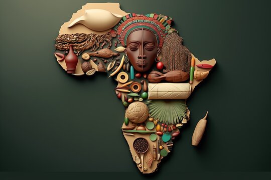 Africa Map Mosaic, Map Of Africa Made From Objects Of African Culture, Black History, Generative AI