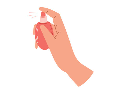 recommend clip art: Female Hand holding Dispenser, Perfume bottle. Spraying fragrant Cosmetic Eau de Toilette. Vector isolated flat illustration.