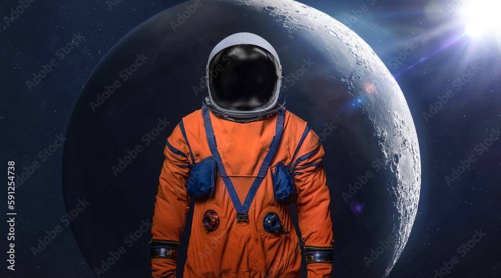 Poster Astronaut and Moon surface in deep bright space. Future Artemis mission from Earth planet on Moon satellite. Spaceman. Return of astronauts. Elements of this image furnished by NASA 