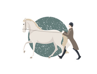 Classic dressage, horse training in the hands. Vector illustration.