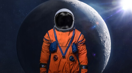 Astronaut and Moon surface in deep bright space. Future Artemis mission from Earth planet on Moon satellite. Spaceman. Return of astronauts. Elements of this image furnished by NASA 