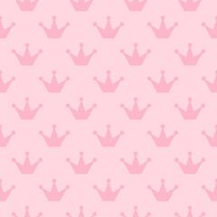 Seamless pattern. Pink scrapbook background. Geometric texture with crowns. Girly monochrome print. Cute endless wrapping paper. Retro scrap design. Vector illustration. Trendy decorative frame.