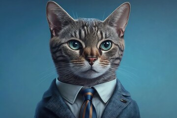 Cat in a suit, isolated on blue background, Generative AI