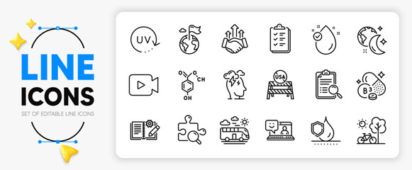 Video camera, Vitamin e and Sleep line icons set for app include Uv protection, Bicycle, Usa close borders outline thin icon. Chemical formula, Bus travel, Stress pictogram icon. Vector