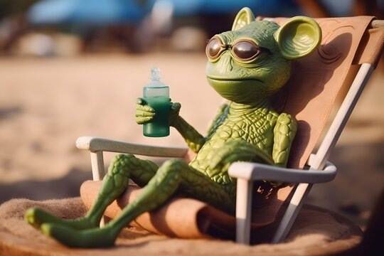 Funny green alien tourist goes on beach holiday relaxing in beach chair with tropical drink. Generative Ai..