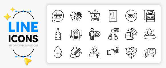 Drag drop, Keywords and Shopping cart line icons set for app include Loan percent, Vip shopping, House dimension outline thin icon. Oil serum, Solar panel, Like pictogram icon. Vector