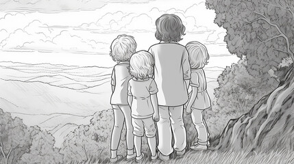 People looking on top of the mountain, Illustration for coloring, AI generated