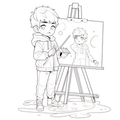 Boy painting picture, Illustration for coloring, AI generated