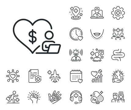 Online charity sign. Online doctor, patient and medicine outline icons. Volunteer care line icon. Donation service symbol. Volunteer line sign. Veins, nerves and cosmetic procedure icon. Vector