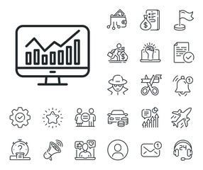 Data analysis sign. Salaryman, gender equality and alert bell outline icons. Statistics line icon. Business strategy. Statistics line sign. Spy or profile placeholder icon. Vector