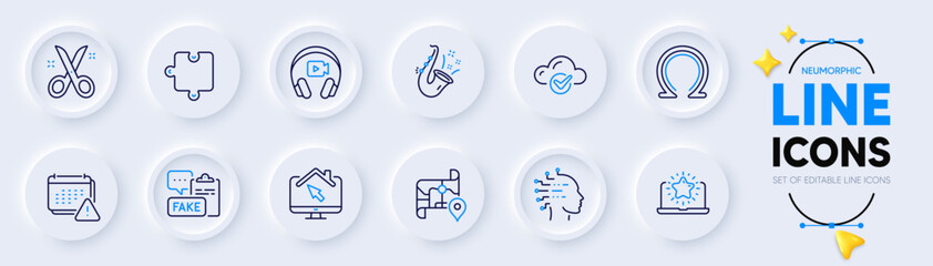 Omega, Scissors and Puzzle line icons for web app. Pack of Jazz, Cloud computing, Map pictogram icons. Work home, Headphones, Artificial intelligence signs. Fake document, Notification. Vector