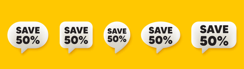Save 50 percent off tag. 3d chat speech bubbles set. Sale Discount offer price sign. Special offer symbol. Discount talk speech message. Talk box infographics. Vector