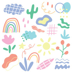 Abstract various bright doodle shapes and objects. Different figures. Hand drawn Vector seamless Pattern. Background, wallpaper, Wrapping, textile template