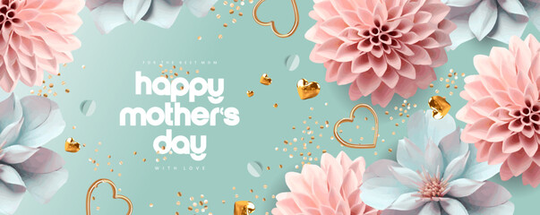 Happy Mother's Day! Vector tender modern 3d illustrations of flower, floral pattern, golden elements and heart for greeting card, banner or background - 591257997