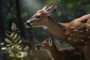 White-Tailed Deer Licks Her Fawn. AI generated