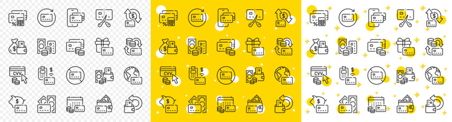 Payment card terminal, bankrupt and contactless pay set. Credit card line icons. Bank atm exchange, cut credit card and CVV code line icons. POS terminal, online bank payment, wallet. Vector
