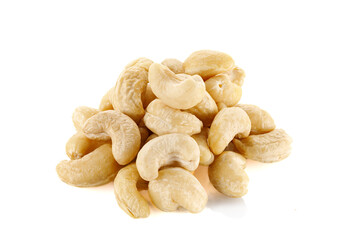 Roasted Cashew nuts isolated on white background with full depth of field. Close-up.