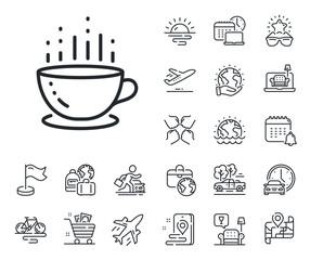 Hot tea drink sign. Plane jet, travel map and baggage claim outline icons. Coffee cup line icon. Hotel service symbol. Coffee cup line sign. Car rental, taxi transport icon. Place location. Vector