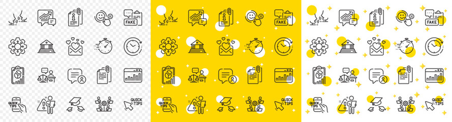 Outline Court building, Attached info and Love mail line icons pack for web with Execute, Marketing statistics, Talk line icon. Accounting, Timer, Document attachment pictogram icon. Vector