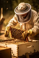 Fotobehang The beekeeper is dressed in a protective suit, hat, and gloves, carefully examining the hive and ensuring the bees are healthy and productive, ai generative © ZoomTeam