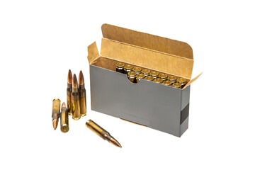 Open ammo box. Cartridges for rifle and carbine. Isolate on a white back.