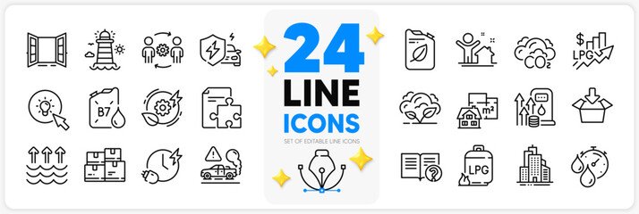 Icons set of New house, Strategy and Diesel canister line icons pack for app with Open door, Charging time, Floor plan thin outline icon. Skyscraper buildings, Help, Co2 pictogram. Vector