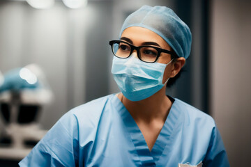 Portrait Of Surgeon wearing in sterile gloves, blue surgical uniform In the Modern Operating Theater in a clinic. Generative AI
