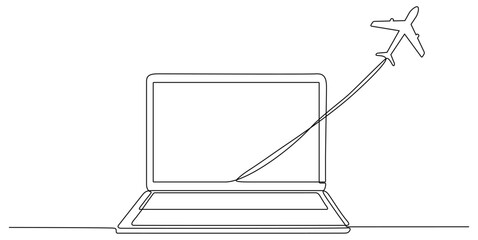 Laptop with flying airplane continuous line drawing. Travel concept. Vector illustration isolated on white.