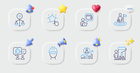 Wallet, Career ladder and Ranking star line icons. Buttons with 3d bell, chat speech, cursor. Pack of Ethics, Puzzle, Painter icon. Foreman, Leadership pictogram. For web app, printing. Vector