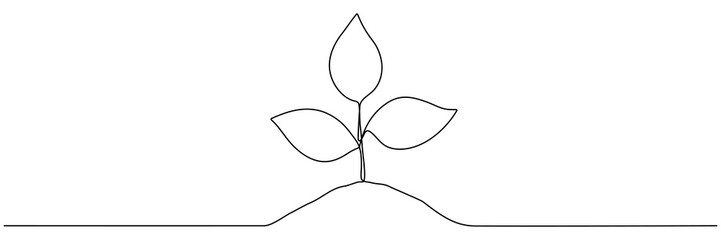 Leaves sprout continuous line drawing. Plant branch growth one line art. Vector illustration isolated on white.