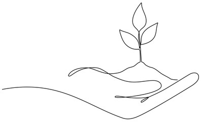 Hand hold leaves continuous line drawing. Plant branch in human arm one line art. Vector illustration isolated on white.