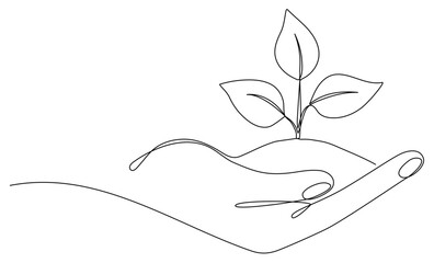 Hand hold leaves continuous line drawing. Plant branch in human arm one line art. Vector illustration isolated on white.