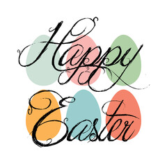 Happy Easter modern banner.  Colorful eggs beautiful lettering on white background. Holiday design for poster, greeting card. Vector illustration.