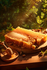 honeycomb full of honey laying flat on rustic platter and wood , ai generative