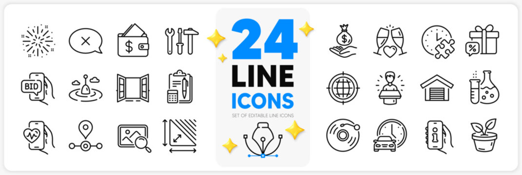 Icons set of Vinyl record, Wallet and Open door line icons pack for app with Station, Seo internet, Leaves thin outline icon. Accounting, Fishing float, Book car pictogram. Triangle area. Vector