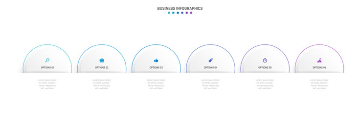 Timeline infographic with infochart. Modern presentation template with 6 spets for business process. Website template on white background for concept modern design. Horizontal layout.