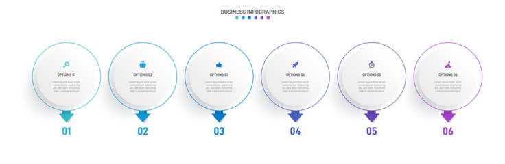 Naklejka premium Timeline infographic with infochart. Modern presentation template with 6 spets for business process. Website template on white background for concept modern design. Horizontal layout.