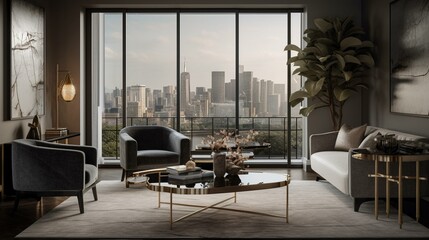 Plakat A chic Art Moderne Living Room that exudes sophistication, featuring an Ebony and Glass console table, a plush velvet armchair, and a stunning city skyline view, generative ai