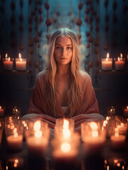 Blonde Frau bei der Meditation im Kerzenlicht, Generative AI