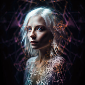 Junge Frau mit weißen Haaren, Mystische Symbole, Generative AI