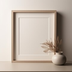 Fototapeta na wymiar Frame mockup close up on wall painted beige color. Generative AI
