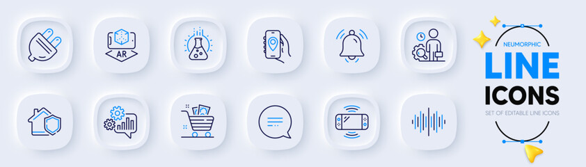 Inspect, Location app and Game console line icons for web app. Pack of Augmented reality, Chemistry lab, Text message pictogram icons. Notification bell, Cogwheel, Home insurance signs. Vector