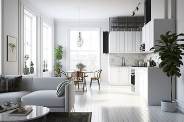 Fototapeta na wymiar white apartment, kitchen, open living Room, Generative AI