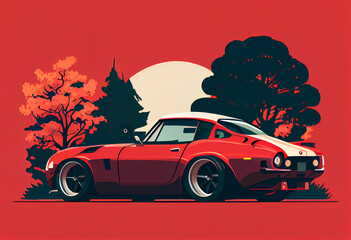 red racing car against the backdrop of trees on a red background. ai generated