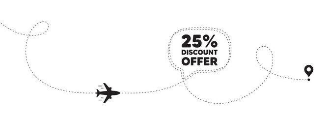 25 percent discount. Plane travel path line banner. Sale offer price sign. Special offer symbol. Discount speech bubble message. Plane location route. Dashed line. Vector
