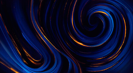 The movement of blue lines with gold strokes on a black background
