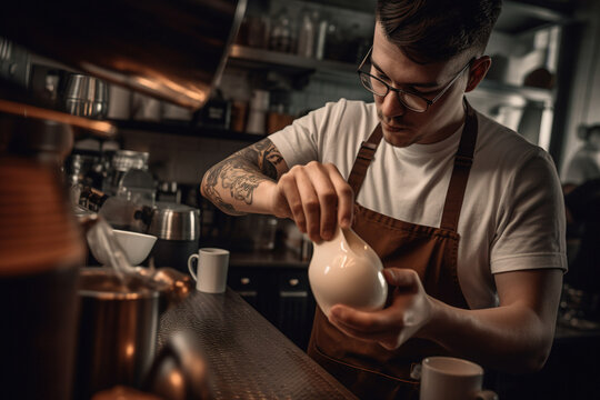 Barista makes coffee cup latte art in cozy coffee shop. Generative ai