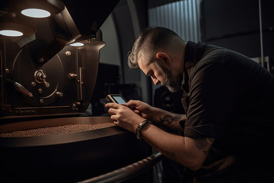 Coffee roaster inspecting a batch of freshly roasted coffee beans, with a roasting machine. Generative ai