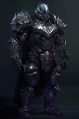 dark knight, with black armor, standing against a black background